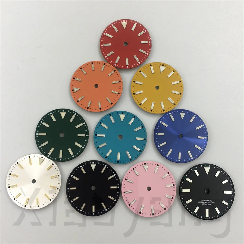 29mm Sunburst glänzend Uhr Zifferblatt Streifen Index grün leuchtend ohne Datum fit nh34 35 36 dg miyota eta pt Serie Uhren teil Zubehör