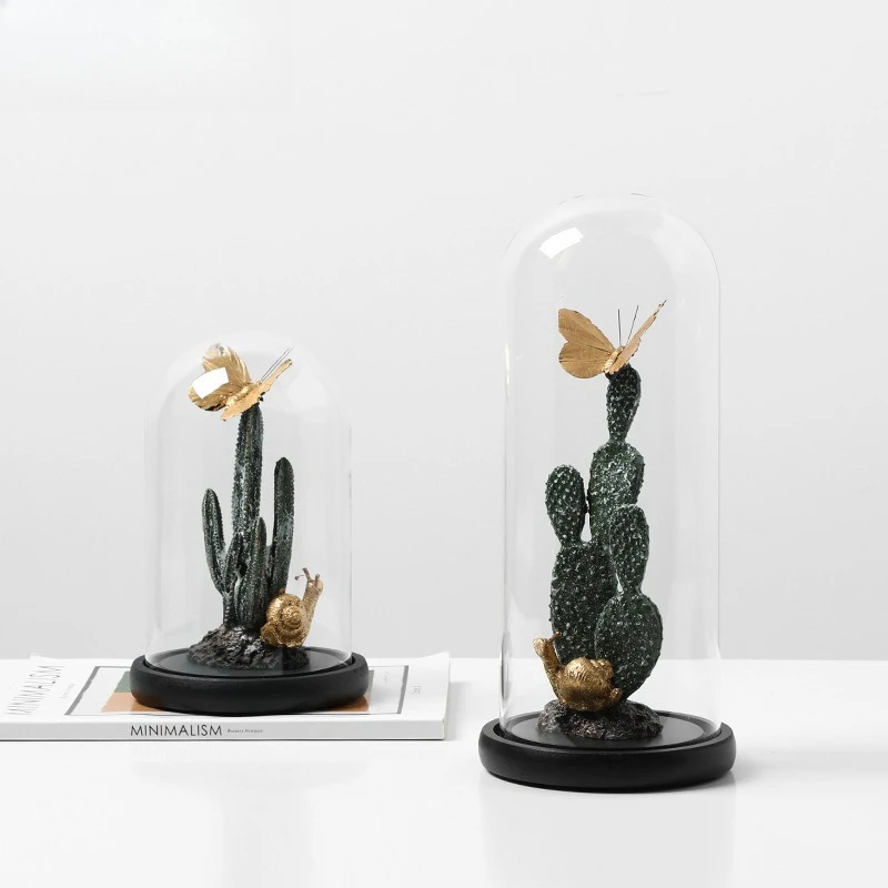 Creative Glass Cloche Cover Cactus Ornament with Golden Butterfly and Snail Figurine Desktop Decor for Home Foyer & Living Room