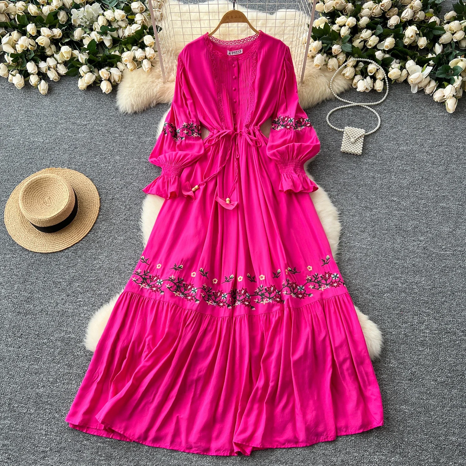 French Vintage  Elegant Flare Sleeve Embroidery Oneck Single Breasted Dress Women Basics Fashion Summer Spring Dresses