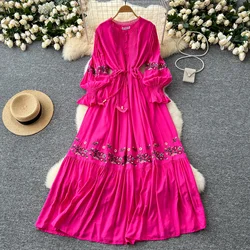 French Vintage  Elegant Flare Sleeve Embroidery Oneck Single Breasted Dress Women Basics Fashion Summer Spring Dresses