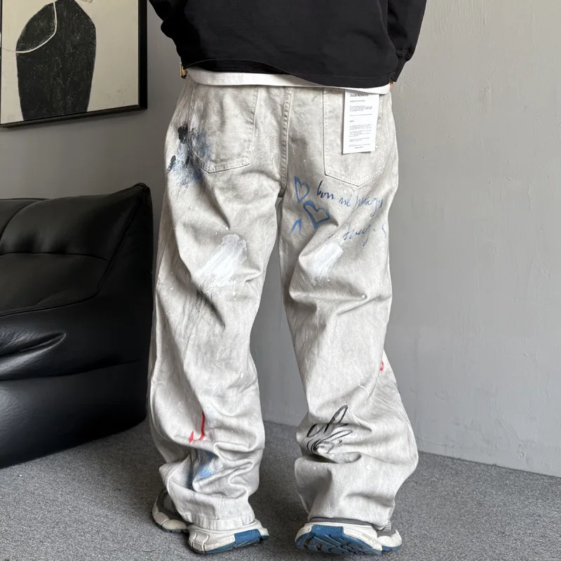 American casual hooligan handsome graffiti painted retro distressed jeans men's straight leg loose high street wide leg pants