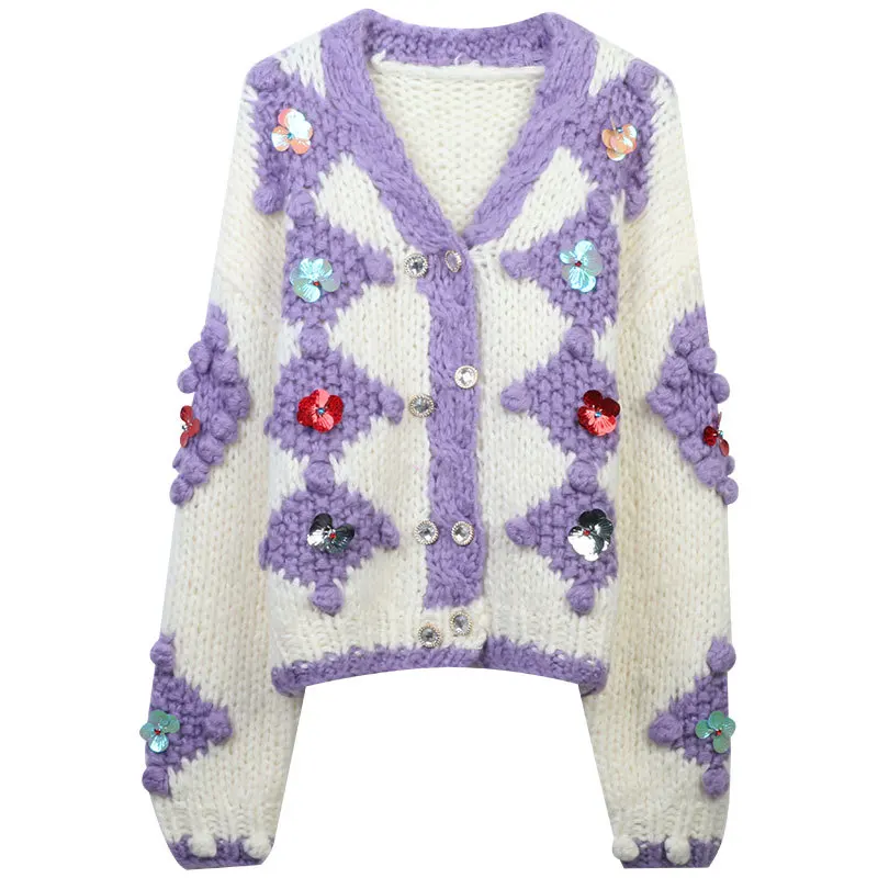 2023 Spring Summer Womens Sweater Cardigan Pink Blue Sequins