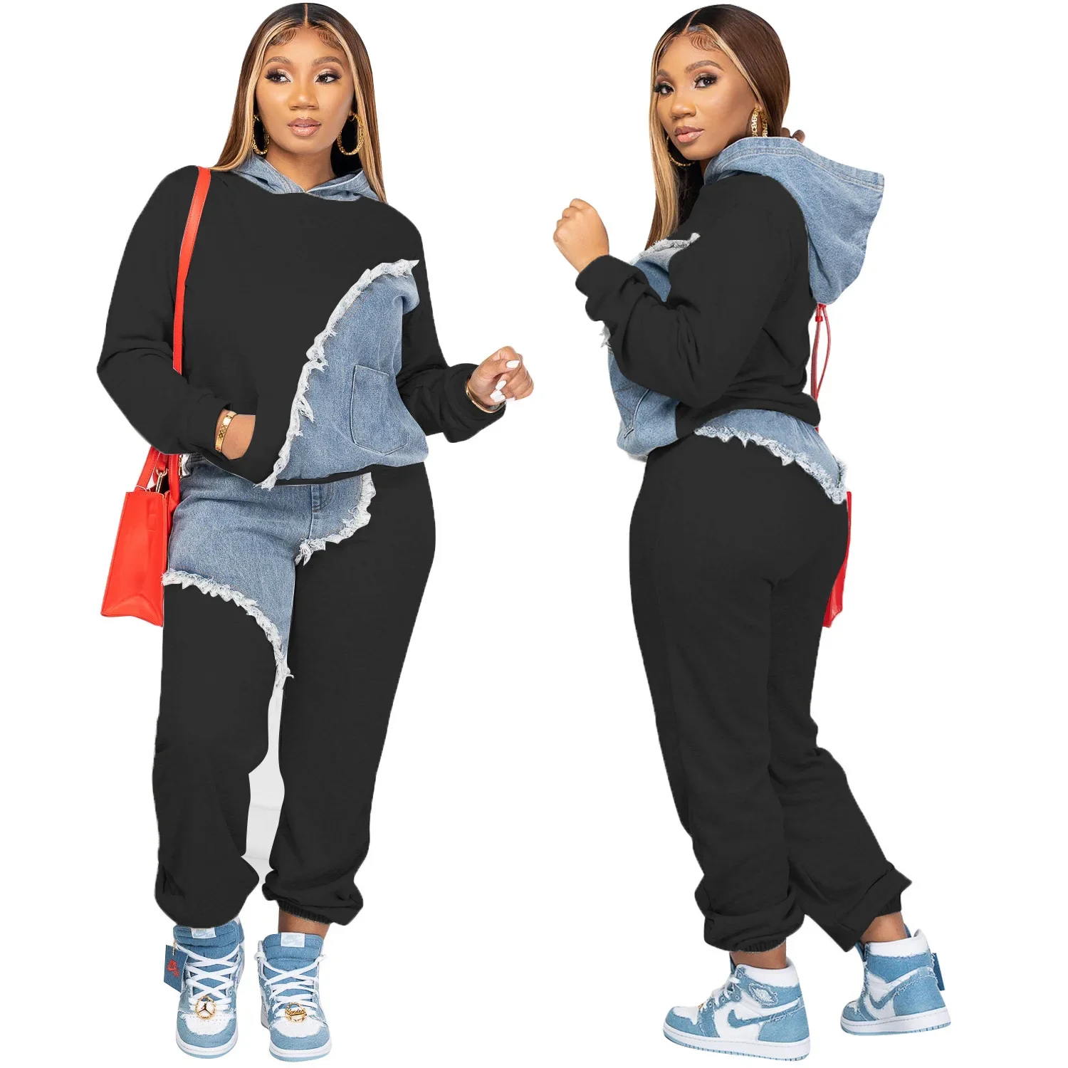 

Women Tracksuit Hooded Two Pieces Set Long Sleeve Sweatshirts Pullover Hoodies Print Patchwork Pockets Pencil Pants Sports