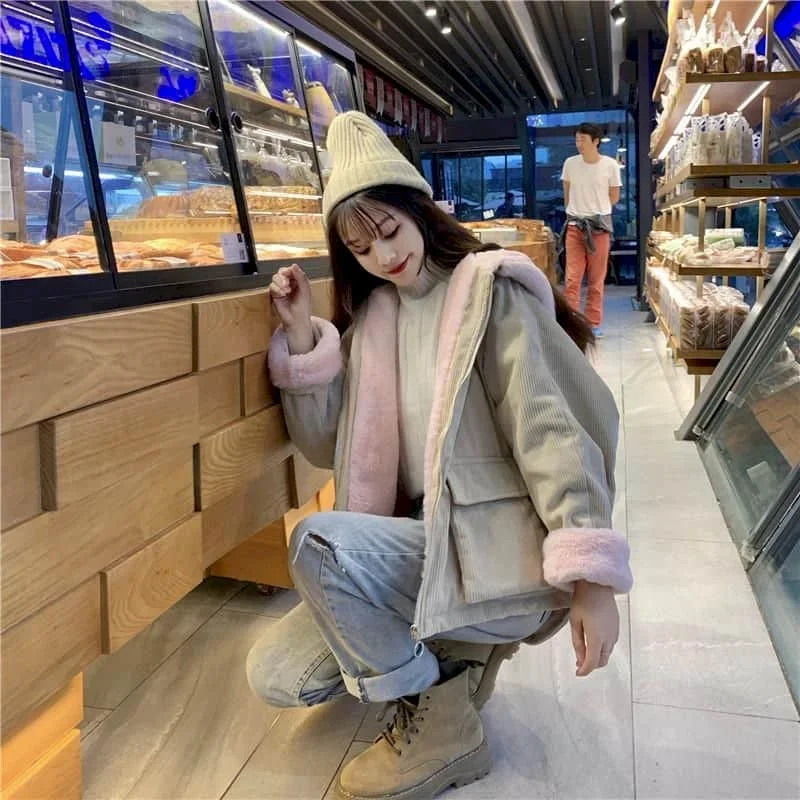 2023 New Cotton Plus Velvet Loose Hooded Corduroy Long-sleeve Coats Thicken Jackets Female Student Autumn Winter Korean Overcoat