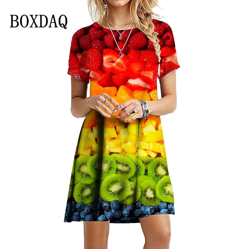 Fruit And Vegetables 3D Printed Dresses For Summer 2023 Fashion Women Clothing Oversized Short Sleeve Loose Casual Mini Dress