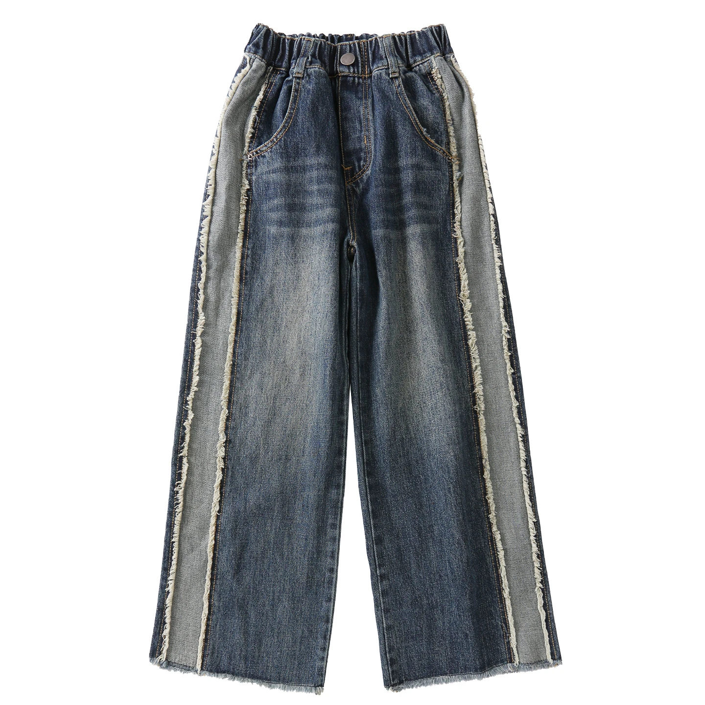 Girls Autumn Jeans Wide Leg Pants Straight Cut Trousers New Fashion Patchwork Frayed Hem Korean Style Casual Kids Long Pants