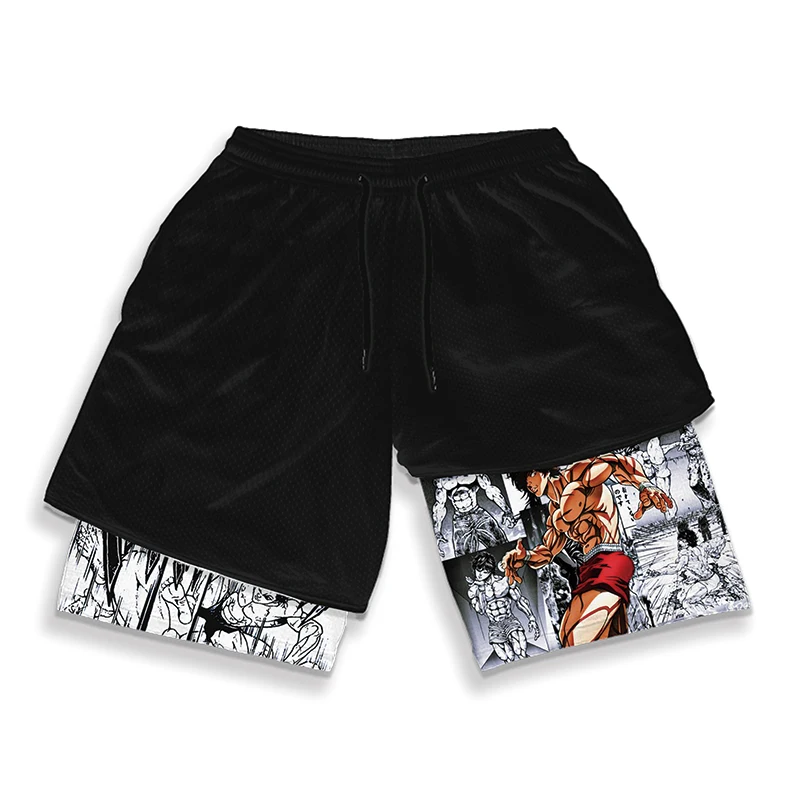 Men\'s Anime Hanma Baki Fitness Shorts Printed Black Double Layer 2 In 1 Quick-drying Shorts Fitness Running Sports Summer