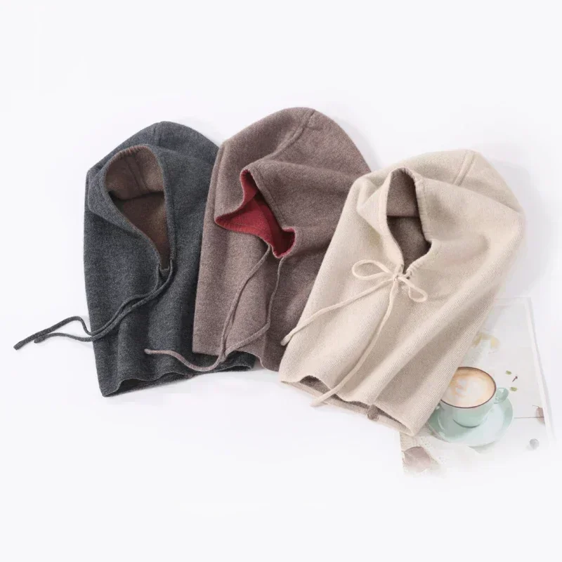 

High Quality Pure Cashmere Hat for Unisex Winter Casual Knitted Scarf Hood Hat Women Men Balaclava Cap Warm Beanie Hats