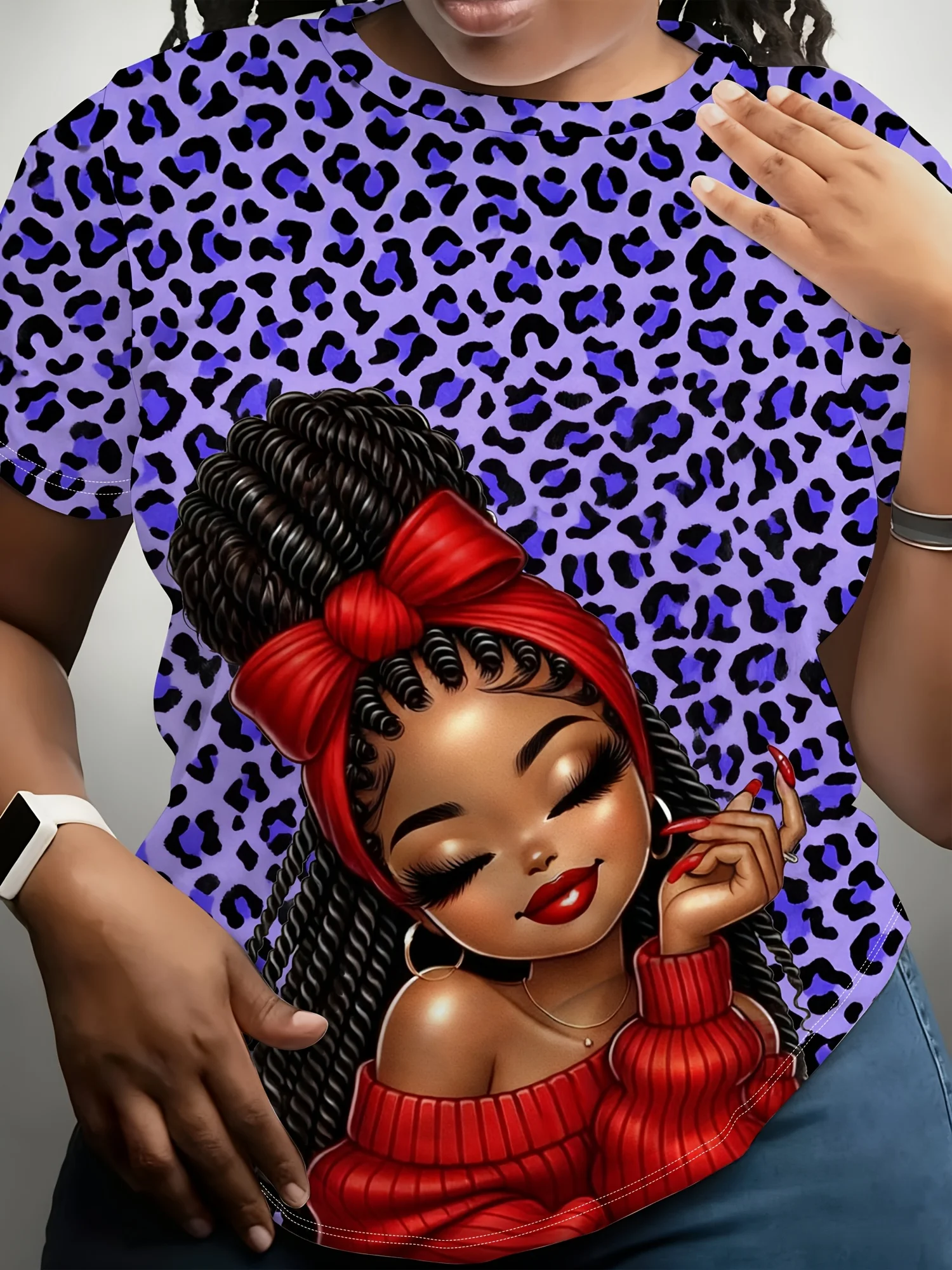 Women Crew Neck Short Sleeve T‑Shirt, African American Girl Red Headband Leopard Background Art Graphic Tee