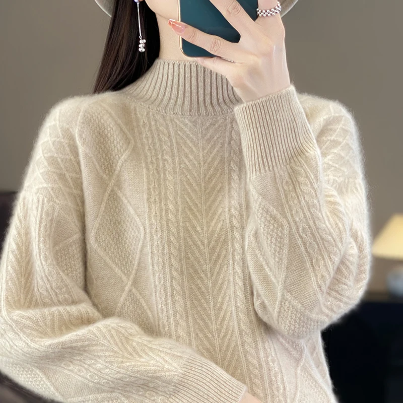 Autumn and Winter Pure Cashmere Sweater Women's Half Turtleneck Lozenge Top Commuter Jumper With Slim-fit Wool Knit Base