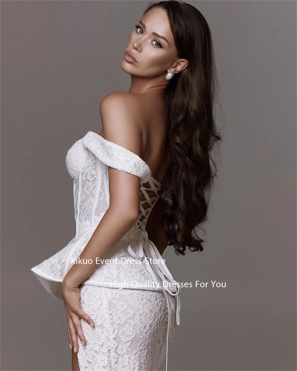 Xikuo Graceful Lace Side High Slit Wedding Dress Off Shoulder Bespoke Occasion Maxi Length Bridal Gowns Bride Dresses Customized