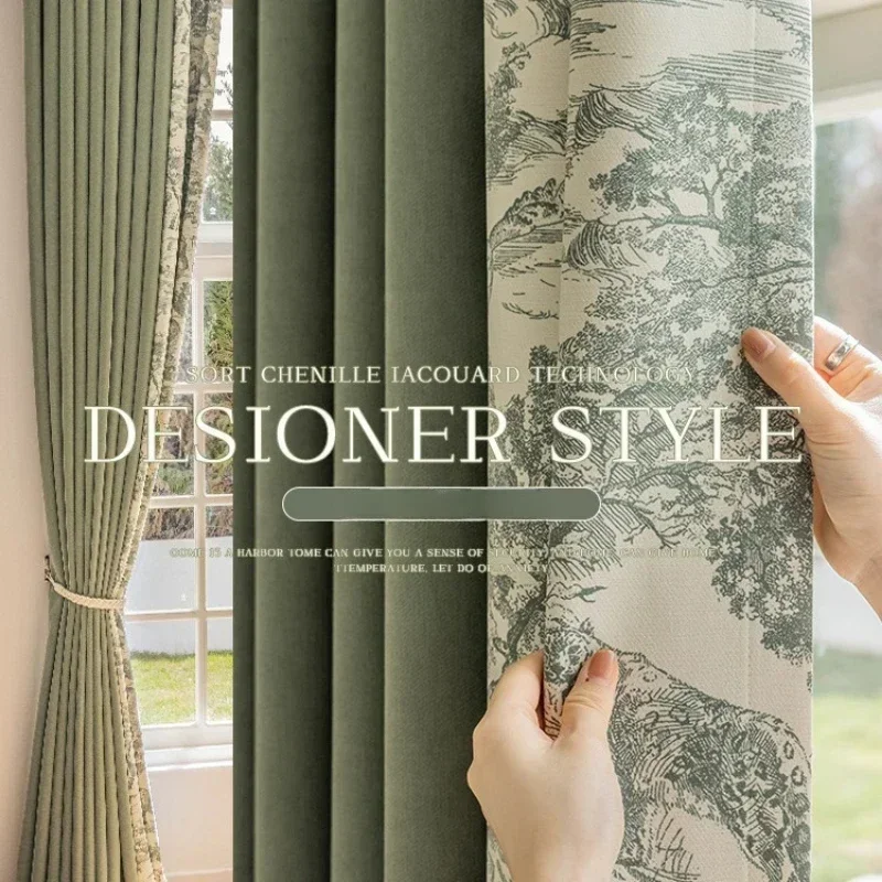 Nordic High-end Chenille Curtains for Living Room Bedroom Jacquard Leaf Stitching Thickening Blackout Blue-green Custom Size