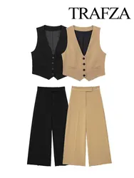 TRAFZA 2024 Summer V-neck Single-breasted Sleeveless Suit Vest Suit Fashion High Waist Side Pocket Women's Zipper Trousers Suit