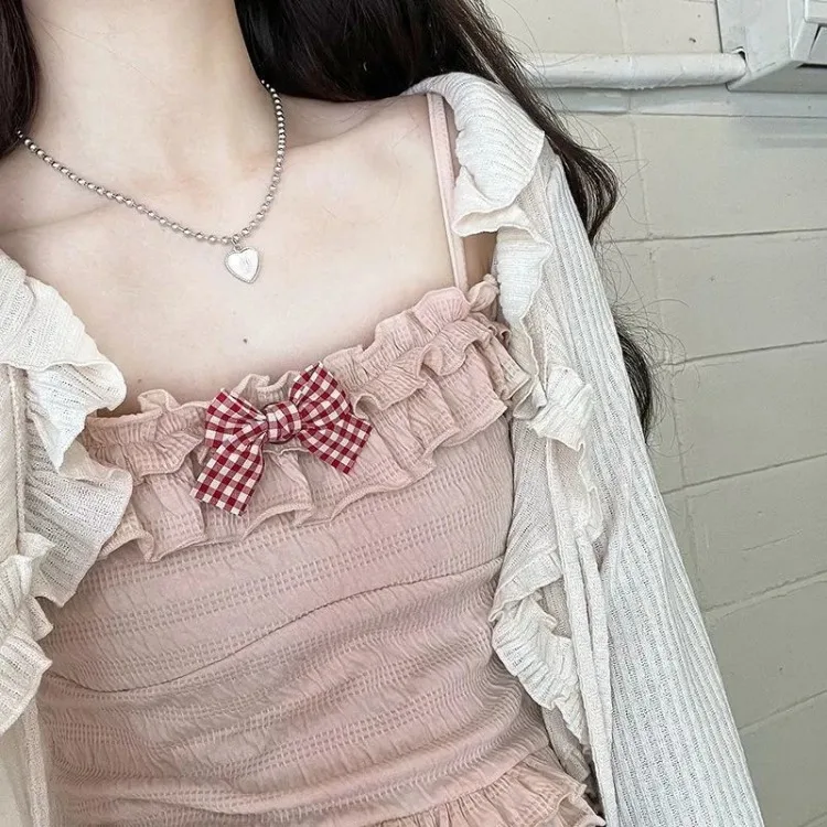 Kawaii Candy Color Crop Top Women Japanese Lolita Sweet Tank  Boe Ruffle Short Tee Shirt All Match Cute s 2024