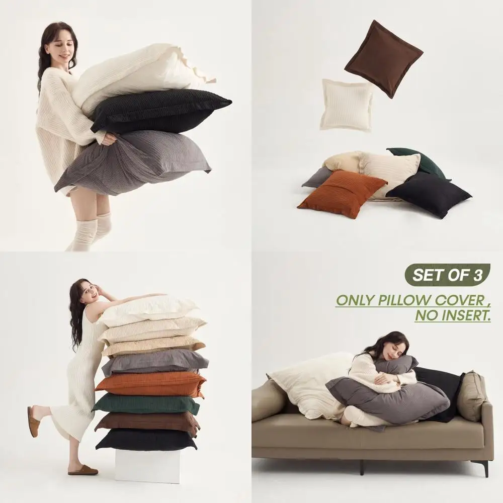 

Triple Set of 30x30 Inch Pillow Covers in Black, White & Gray Striped Corduroy for Kids' Rooms and Family Spaces