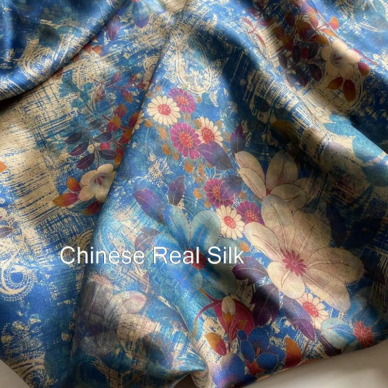 Summer Vintage Printed Royal Blue Satin Xiangyun Yarn Shirt Dress Gown High-End Custom Fabric