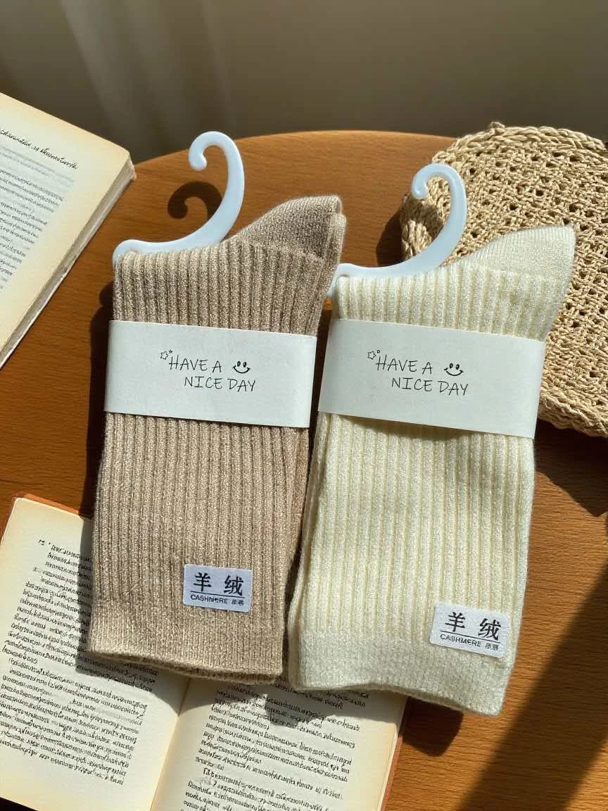 

5Pairs 2025 New Winter Cashmere Wool Women Socks Casual Thickened Fashion Solid Color Long Stockings Girl Thermal Warm Crew Sock