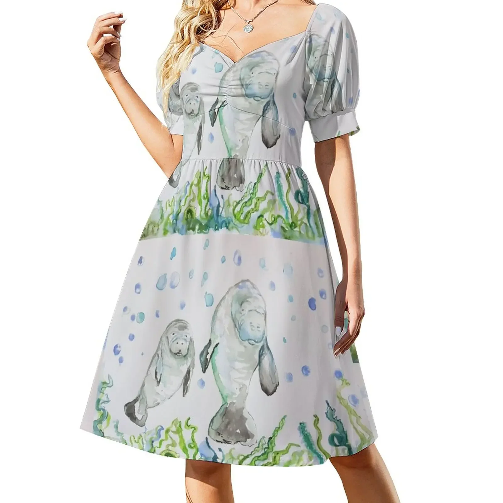 Mother Manatee and baby in watercolour art Short-Sleeved Dress evening dress women evening dress