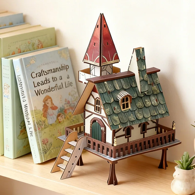 

Деревянный 3D-пазл «Домик эльфа» (сделай сам), набор для сборки фантастического домика на палках с цветной аэрозольной покраской, развивающая игрушка Монтессори