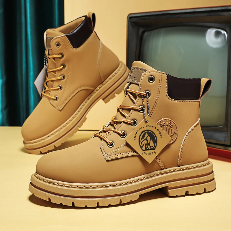 

2025 Men's Big Yellow Boots Durable Anti-Skid Sole High-Top Chunky Sole 39~48 Winter Fleece Lined British Work Boots Motorcycl