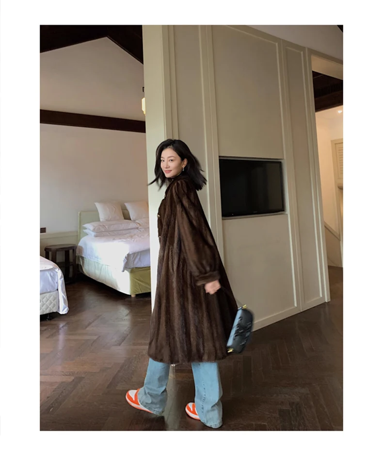Lautaro Winter Long Brown Thick Warm Soft Faux Mink Fur Coat Women Puff Sleeve Elegant Luxury Chic Fluffy Furry Overcoat 2023