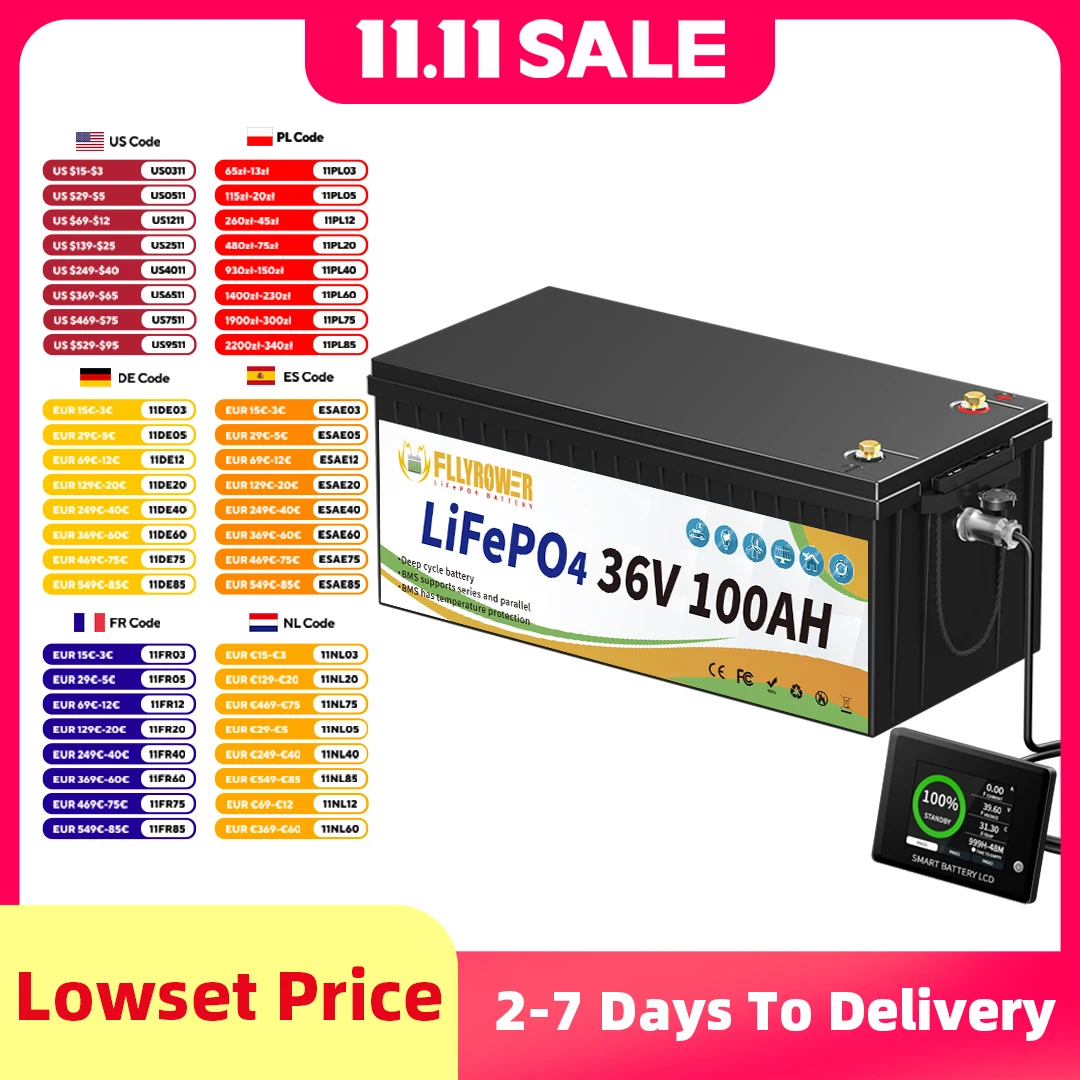 FLLYROWER 36V 100AH LiFePO4 Lithium Battery With Disply 200A BMS 8000+ Cycles Lithium Battery for RV,Solar,Trolling Motor,Marine