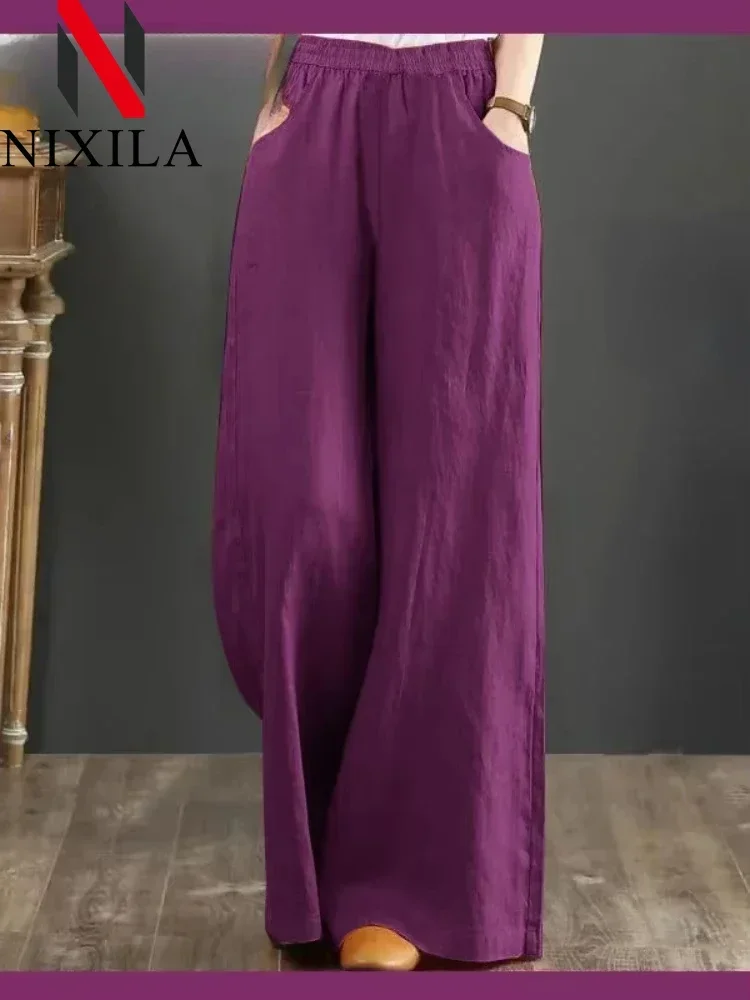 Novedad en primavera y verano, pantalones de pierna ancha de algodón tejidos para mujer, ropa de calle de moda informal, pantalones formales sueltos elegantes para mujer, ropa