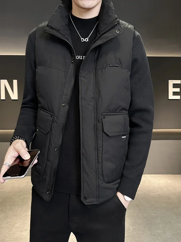 

Теплый мужской пуховый жилет с воротником-стойкой, повседневный, молодежный, из полиэфирного волокна, на молнии