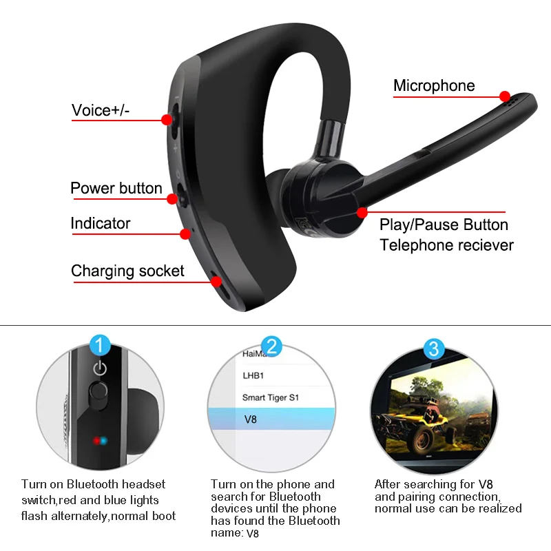 V8 Bluetooth Earphone Wireless Stereo HD Mic Headphone Car Kit  New Headset Audio Equipment Single Ear Business Hot Sale Earbud