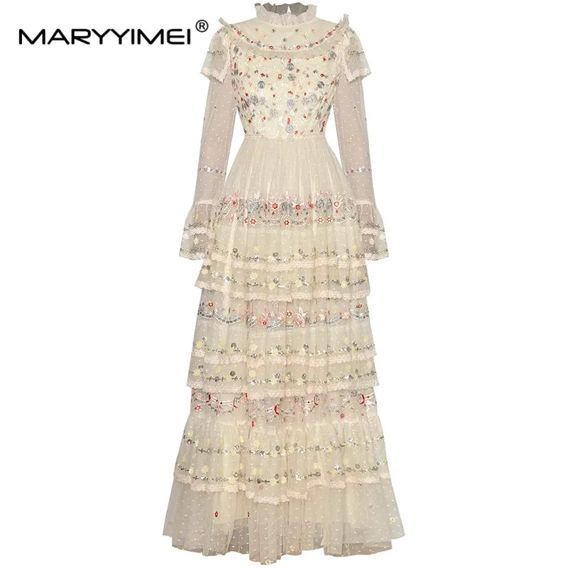 MARYYIMEI Vintage Women's Ball Gown Dress Autumn Stand Collar Flare Sleeved Mesh Sequin Embroidery Design S-XXXXL Long Dresses