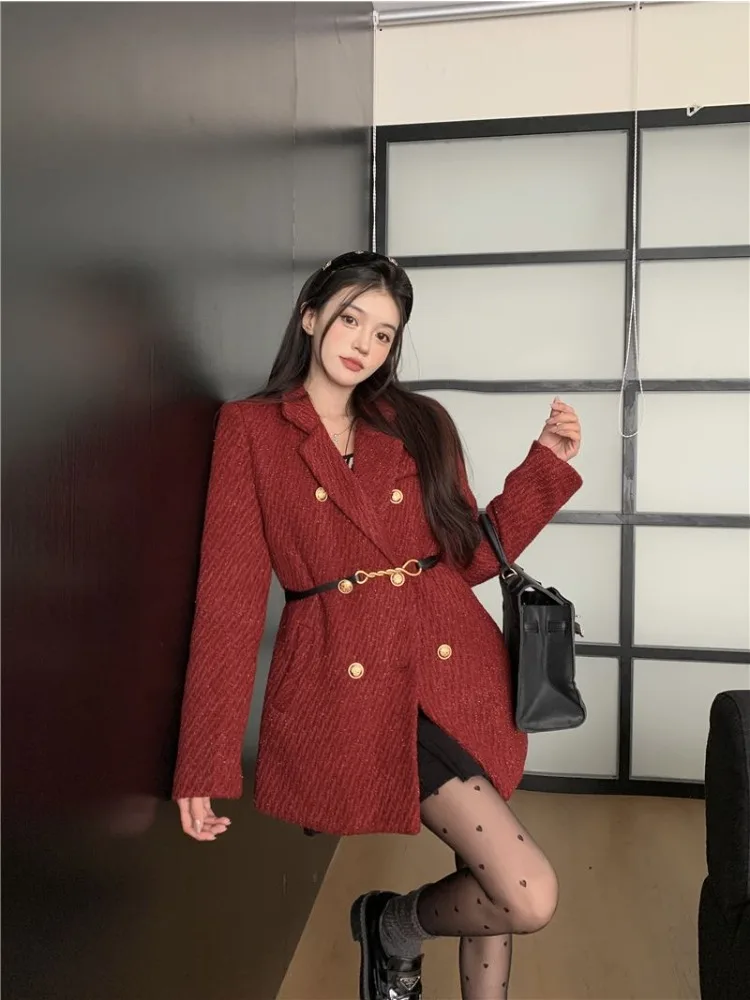 Lnsozkdg 2024 Autumn Winter Suit Coat Women Notched Double Breasted Feather Tassel Trim Slim Tweed Jacket Free Belt Women Blazer