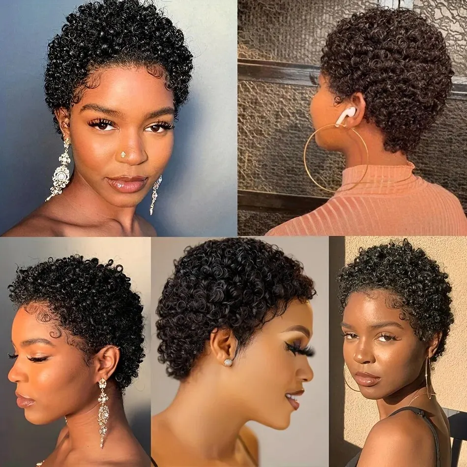 LUXURIOUS Short Pixie Cut Human Hair Glueless Wig Wear And Go Full Machine Made Brazilian Afro Kinky Curly Bob Wigs For Women