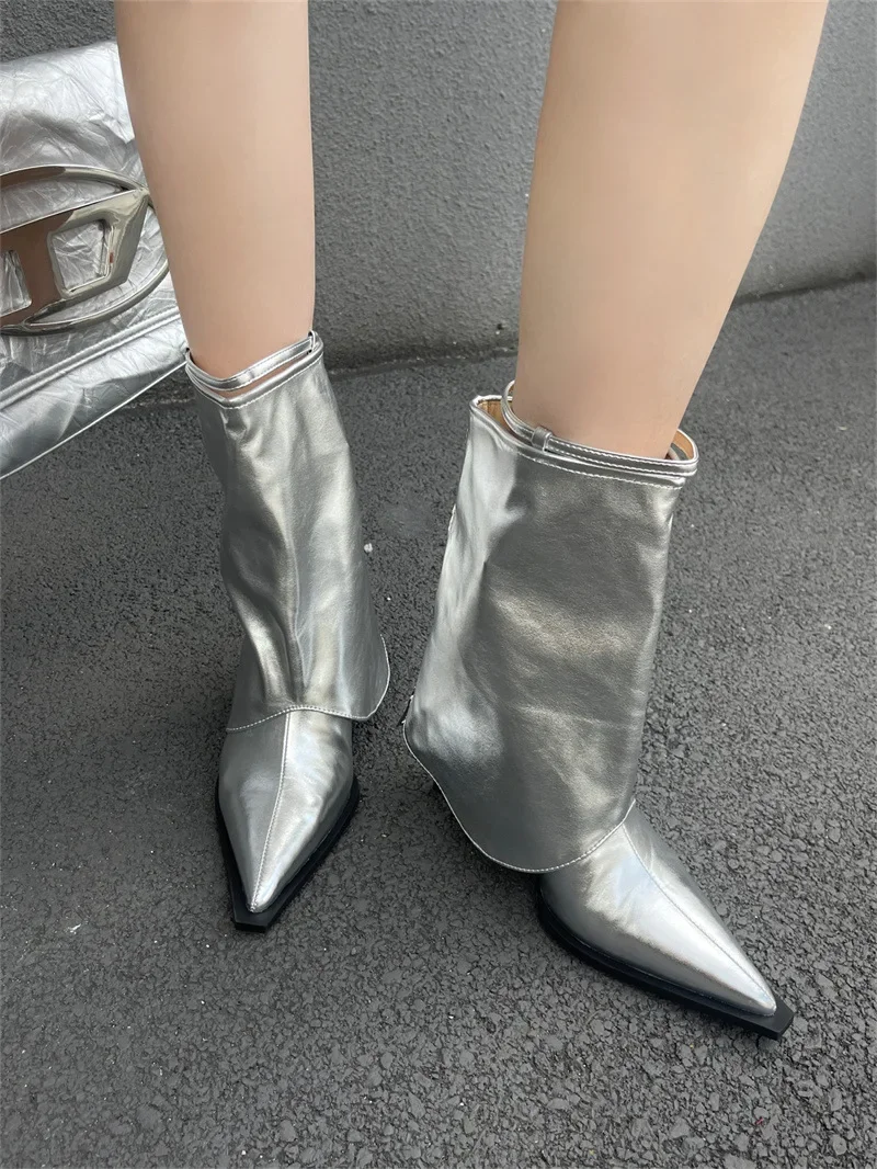 Low-Cut Stiletto High-Heeled Boots Cool Street Pointed Toe Belt Buckle Trouser Botines Slip-On Patent Leather Short Botas