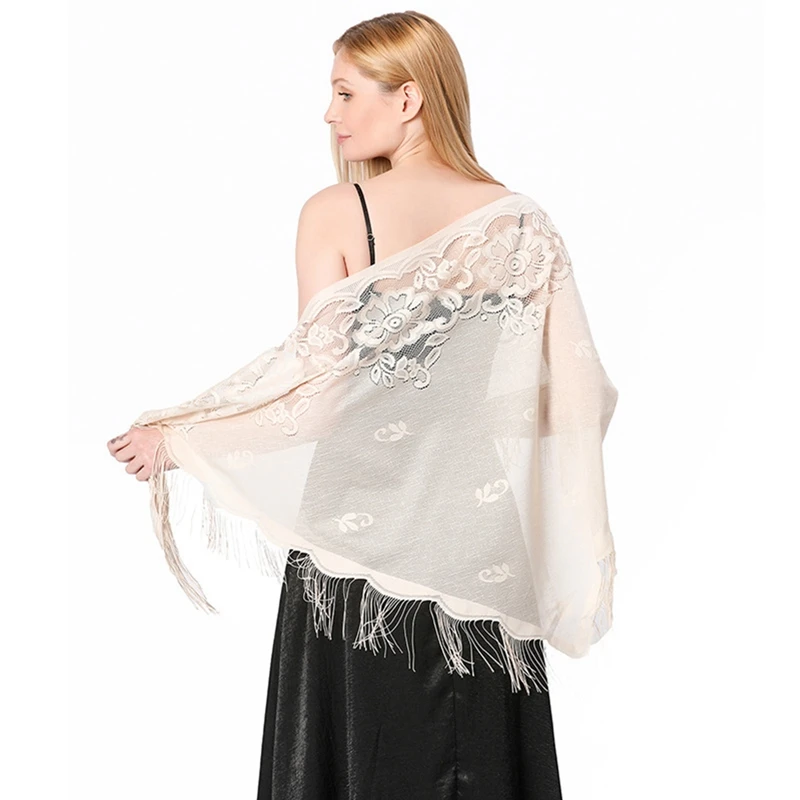 Lace Tassels Triangle Scarf Sheer Hollow Out Breathable Scarves Long Fringe Muslim Hijabs Evening Party Shawl Elegant Shawl
