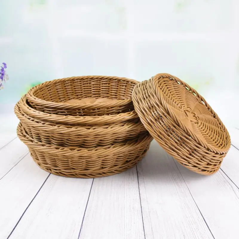 Rattan Wicker Woven Serving Baskets for Bread Fruit Vegetables Handmade Round Storage Basket Restaurant Display Rattan Basket