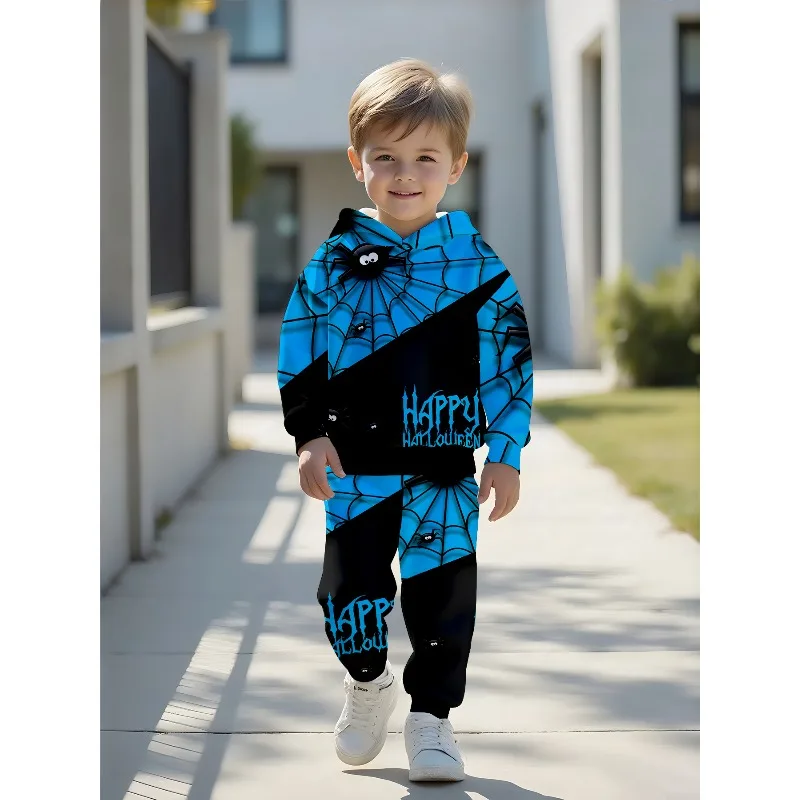 Boys Hoodie Jogger Set: Spider Web Letter Print, Split Pumpkin Pattern, Galaxy Bat Gradient Kids Casual 2-piece Tracksuit