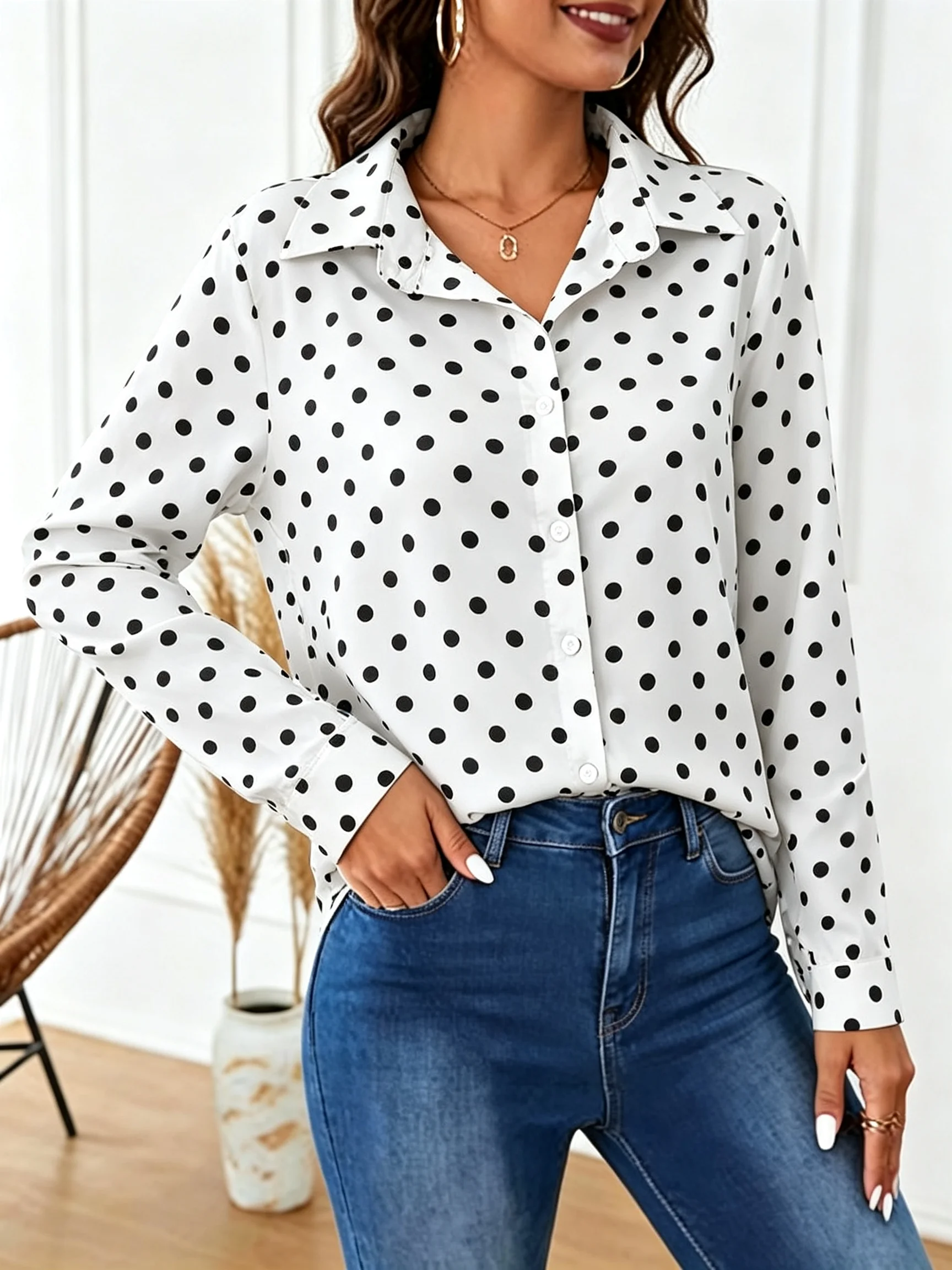 Retro-Französisches Polka-Dot-Hemd mit gekerbtem Kragen, einreihiges Langarm-Oberteil – Detail 4