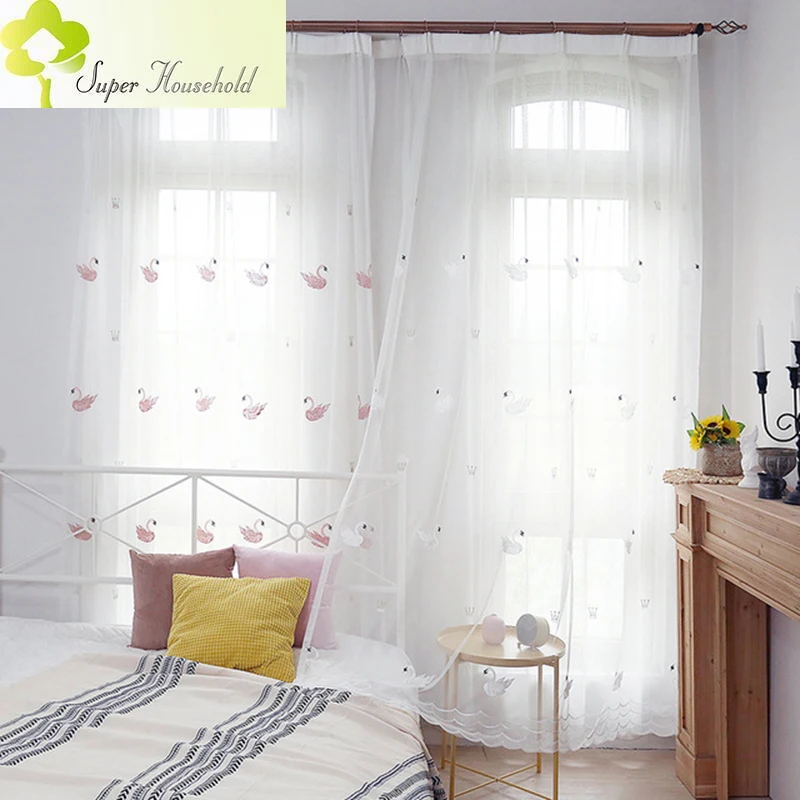 Pastoral Mesh Fabric Swan Embroidered Tulle Curtains for Girl Kids Bedroom Living Room White Sheer Window Screens Kitchen