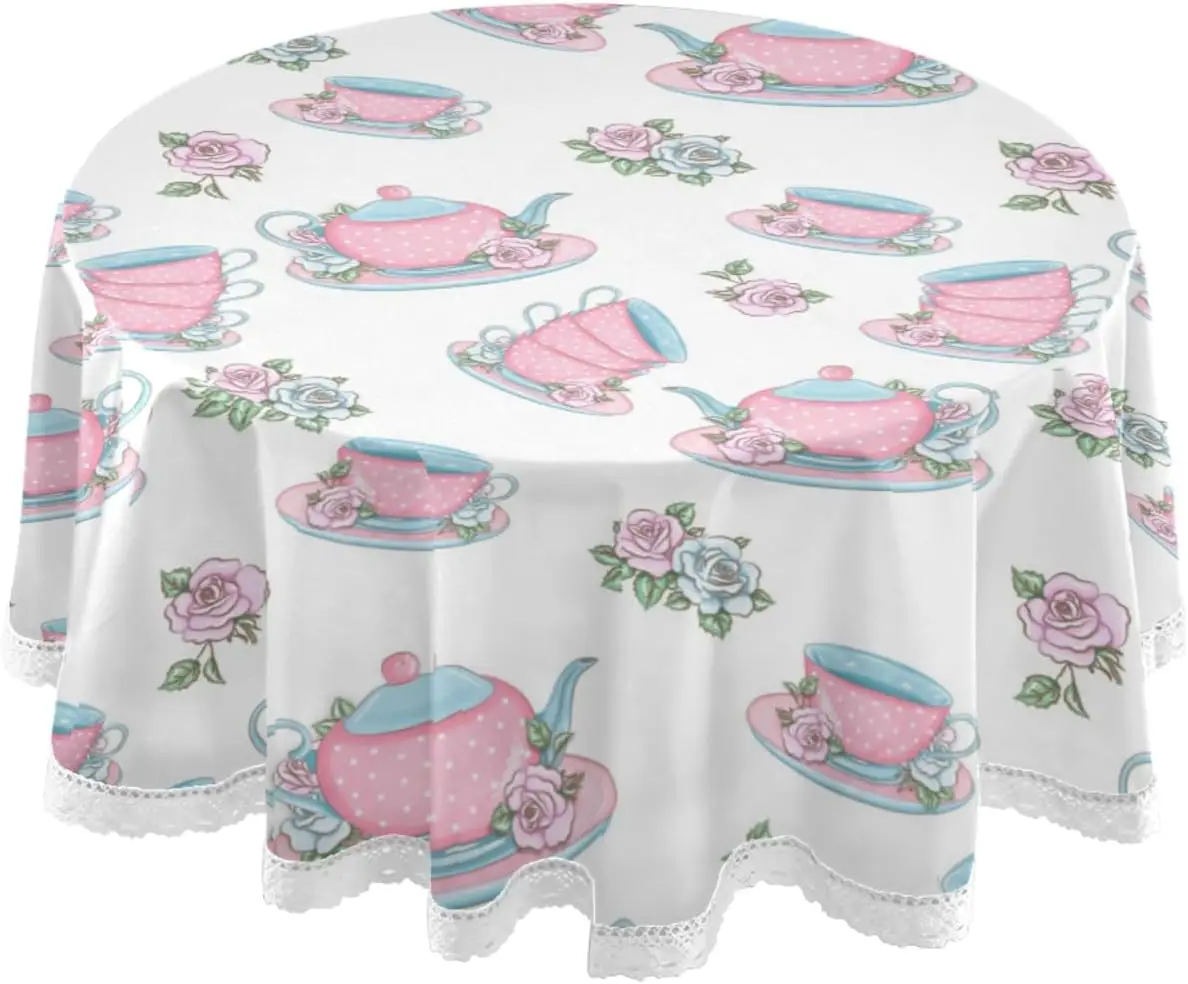 Kitchen Teapot Flowers Round Tablecloth Pink Rose Floral Tablecloths Circular Table Cloths Cover Washable Polyester Tabletop