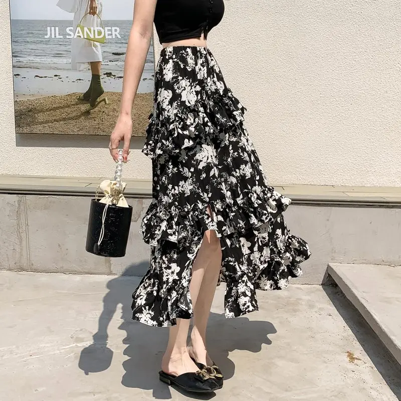 Fashion Ruffles Irregular Skirts Split Female Clothing Casual Broken Flowers Summer Thin A-Line High Waist Cupcake Long Skirts