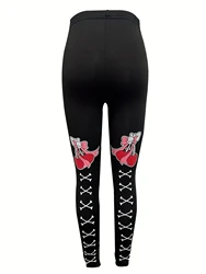 Cherry Print Leggings From Europe And The United States For Women With Dark Gothic Style Nine-quarter Pants Black Tights