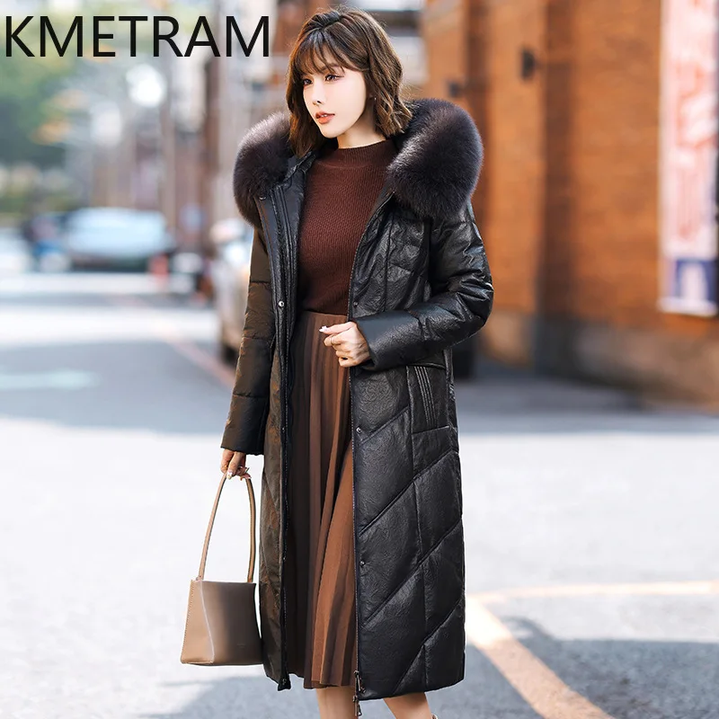 100% Sheepskinลงเสื้อผู้หญิงเสื้อผ้าใหม่ในOuterwearsปักเป้าแจ็คเก็ตHoodฤดูหนาวFox Fur Collar Long Coat 2024хок