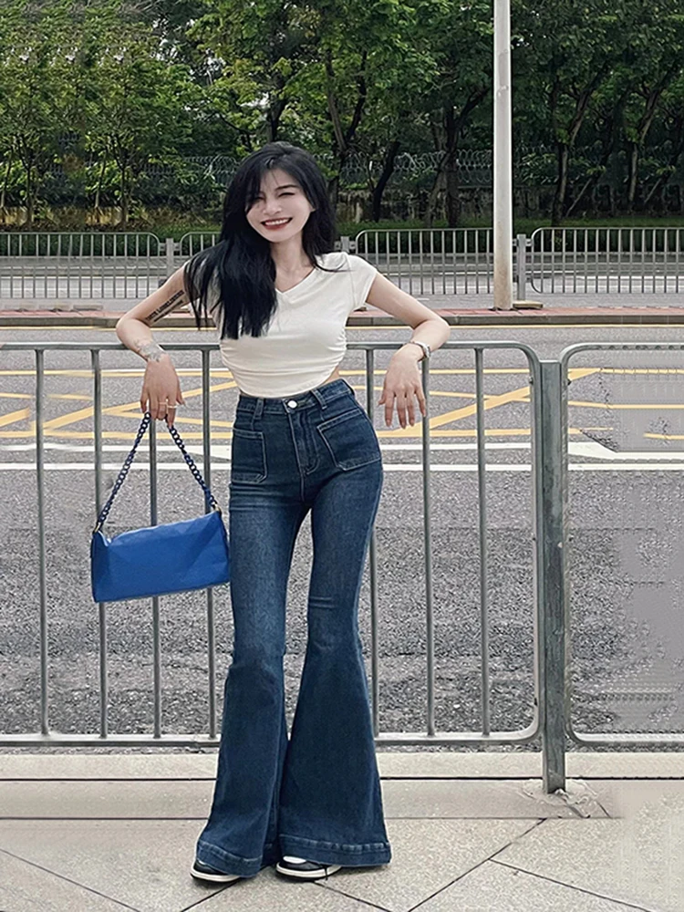 

American Style Deep Blue Fish Tail Design High Street Small Size Flared Hot Girl Bodycon Floor Length Denim Jeans Women Trend