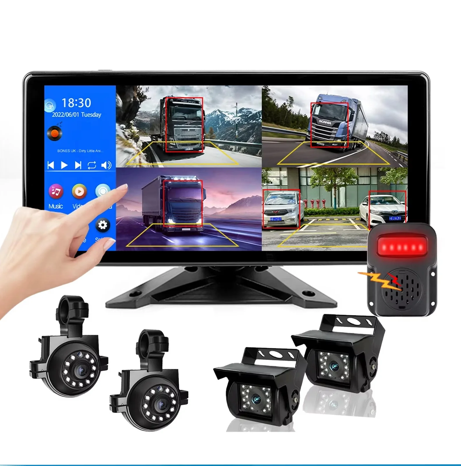 Pedestrian Car Proximity Warning System 10.36 Inch 4 Channels Split Screen Monitor Waterproof Camera BSD Recording Kit For Truck