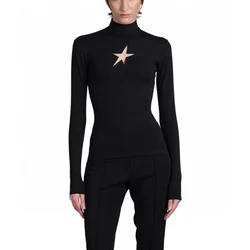 Women's Pentagram Hollow Out Bottom Shirt, Fashion Standing Collar Slim Sexy Top, High Quality Tights, Fall, New, 2024, y2k