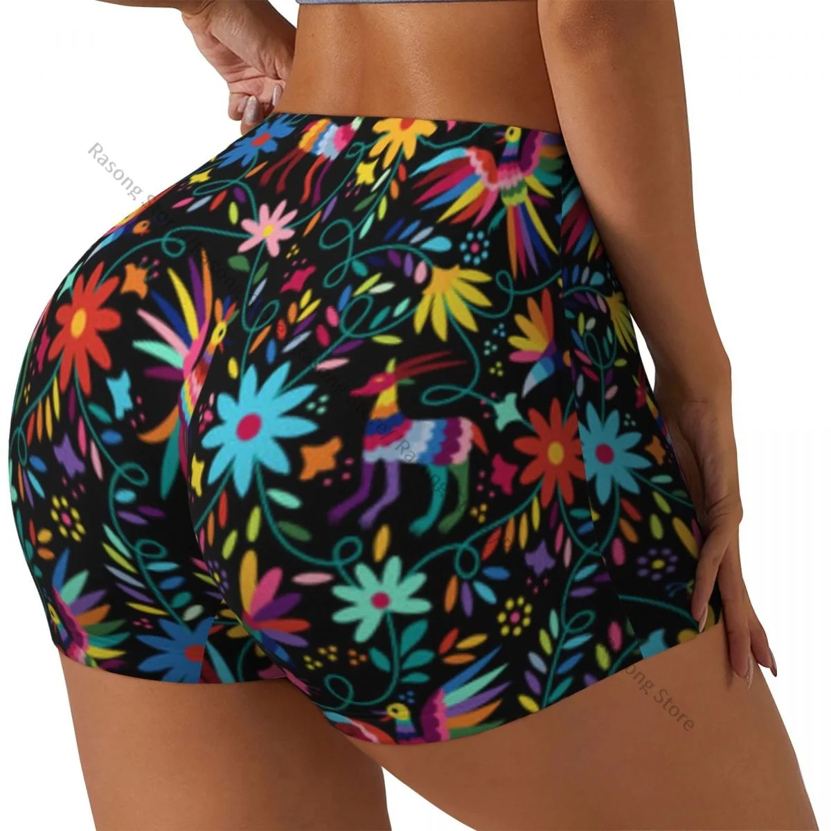 Sexy tight hip sports shorts Ethnic Mexican Otomi Birds Flowers fitness women's comfortable yoga shorts