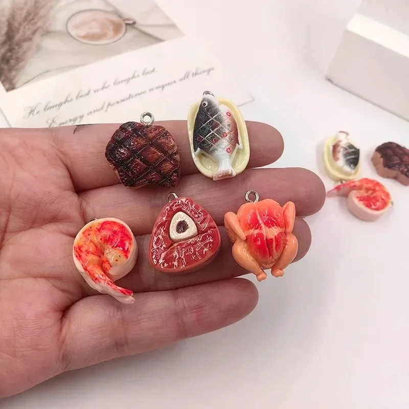 10Pcs Western Food Resin Charms, Mini Steak Roast Chicken Shrimp Fish Pendants for DIY Dangle Earrings