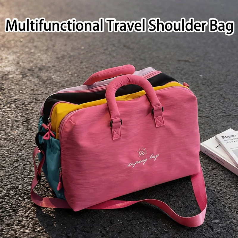 

Unisex Fashion Travel Shoulder Bag Dopamine-Color Blocking Large Capacity Gym Bag Dry/Wet Separation Dedicated Shoe Compartment