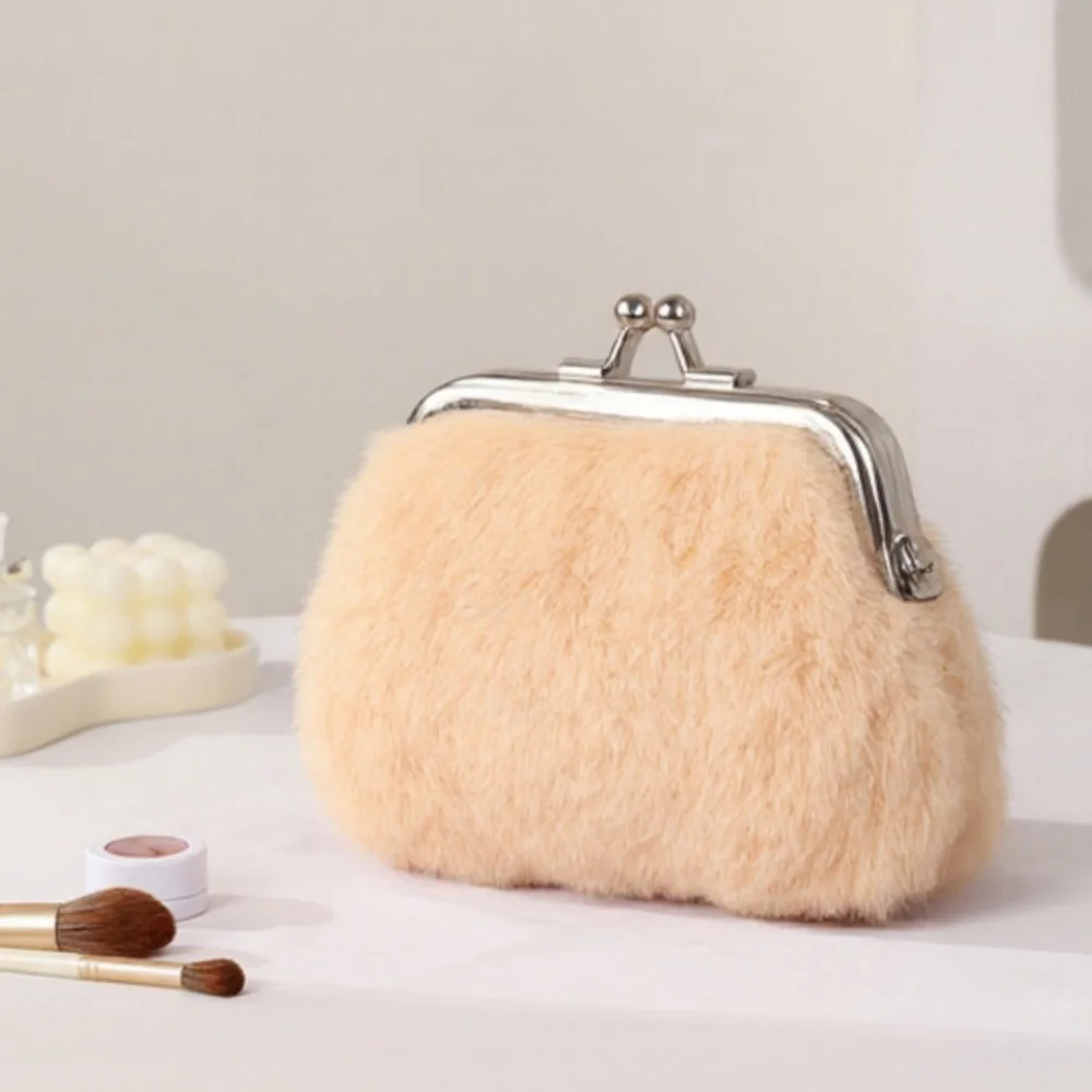 Women's Plush Coin Purse 3 Inch Buckle Mini Wallet with Keychain Jewelry Lipstick Storage Bag Ladies Solid Color Clutch Bag