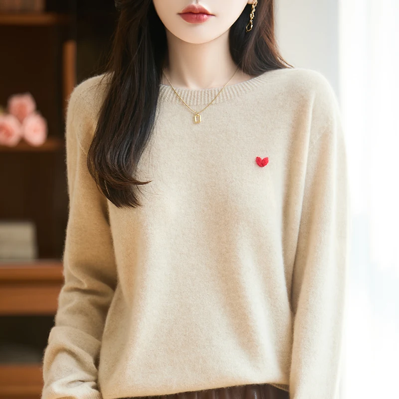 

Новый женский свитер с круглым вырезом из 100% мериносовой шерсти, однотонный вязаный свободный удобный весенне-осенний женский пуловер с длинными рукавами